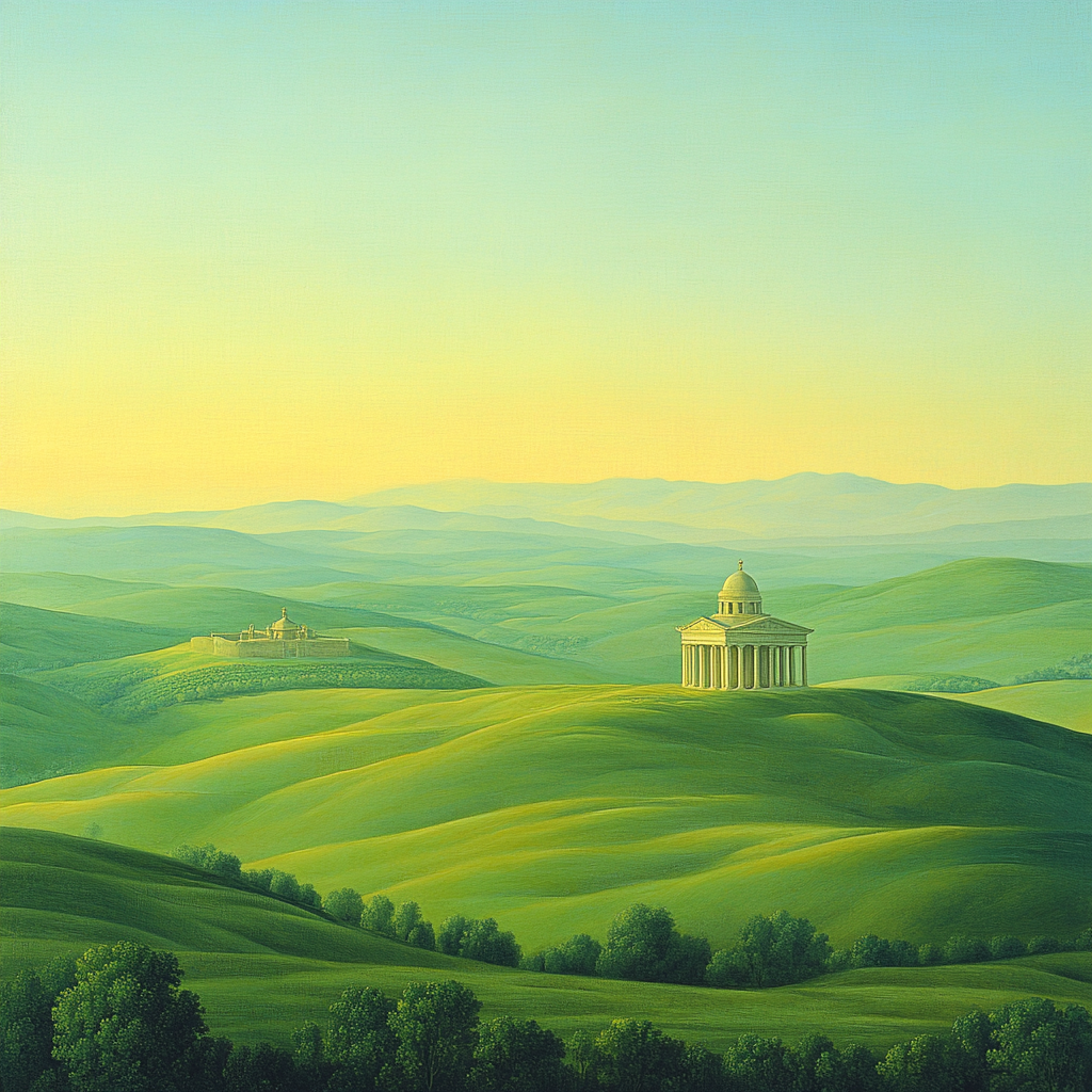Raphael Inspired Serene Rolling Hills With Distant Classical Temple Paint by numbers art