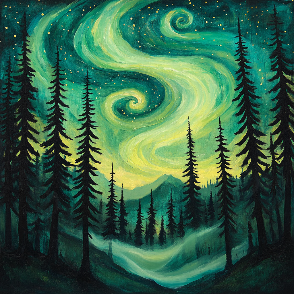 Edvard Munch Inspired Cosmic Aurora Over Pine Hollow Paint by numbers art