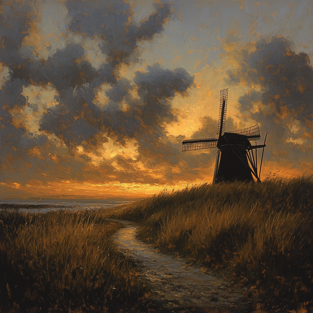 Rembrandt Inspired Twilight Windmill On Silent Dunes paint by number