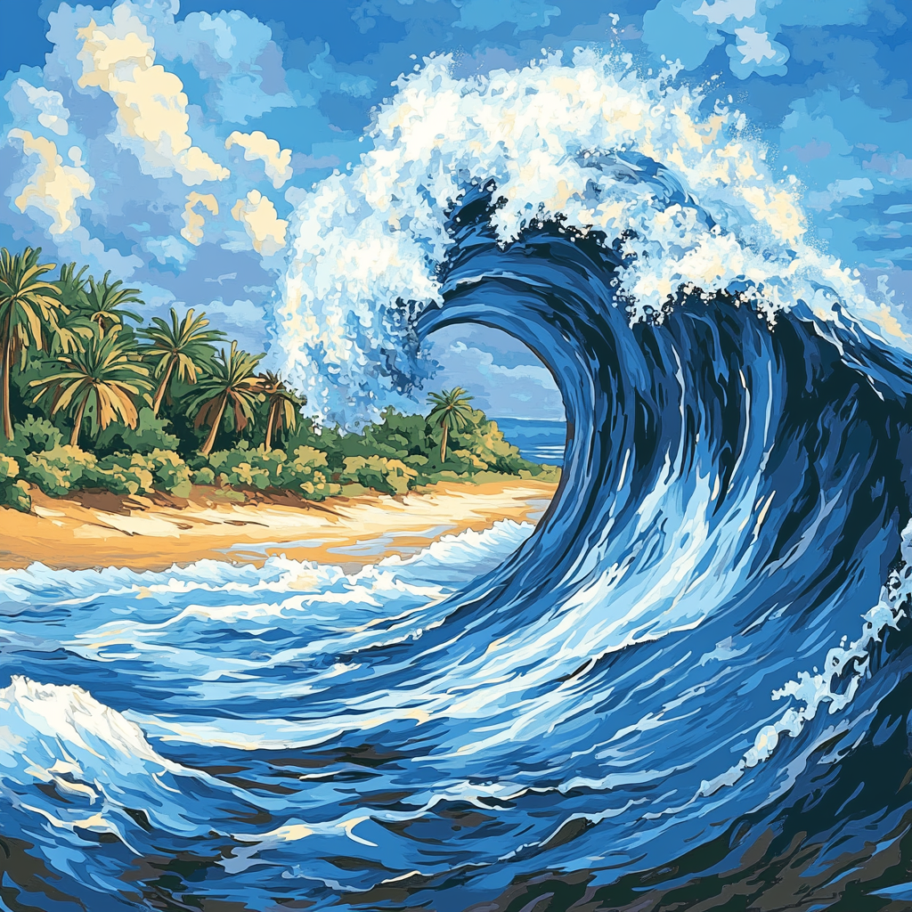 Hokusai Inspired Great Wave Above Tropical Beach DIY paint by numbers