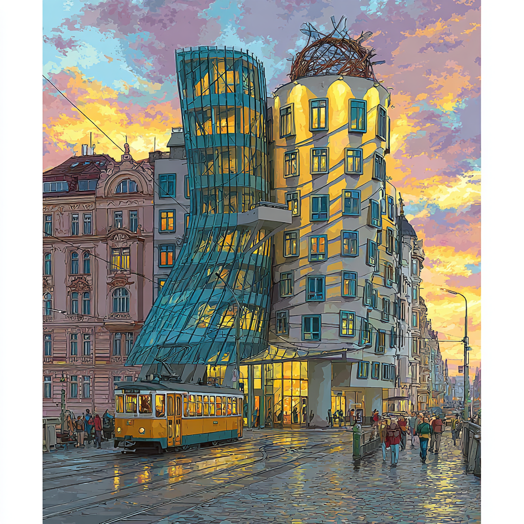 Mirrored Facade Of The Dancing House Prague Czech Republic Numbered painting kits