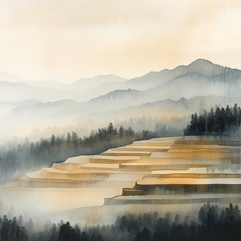 Zhao Mengfu Inspired Dawn Over Terraced Fields paint by color