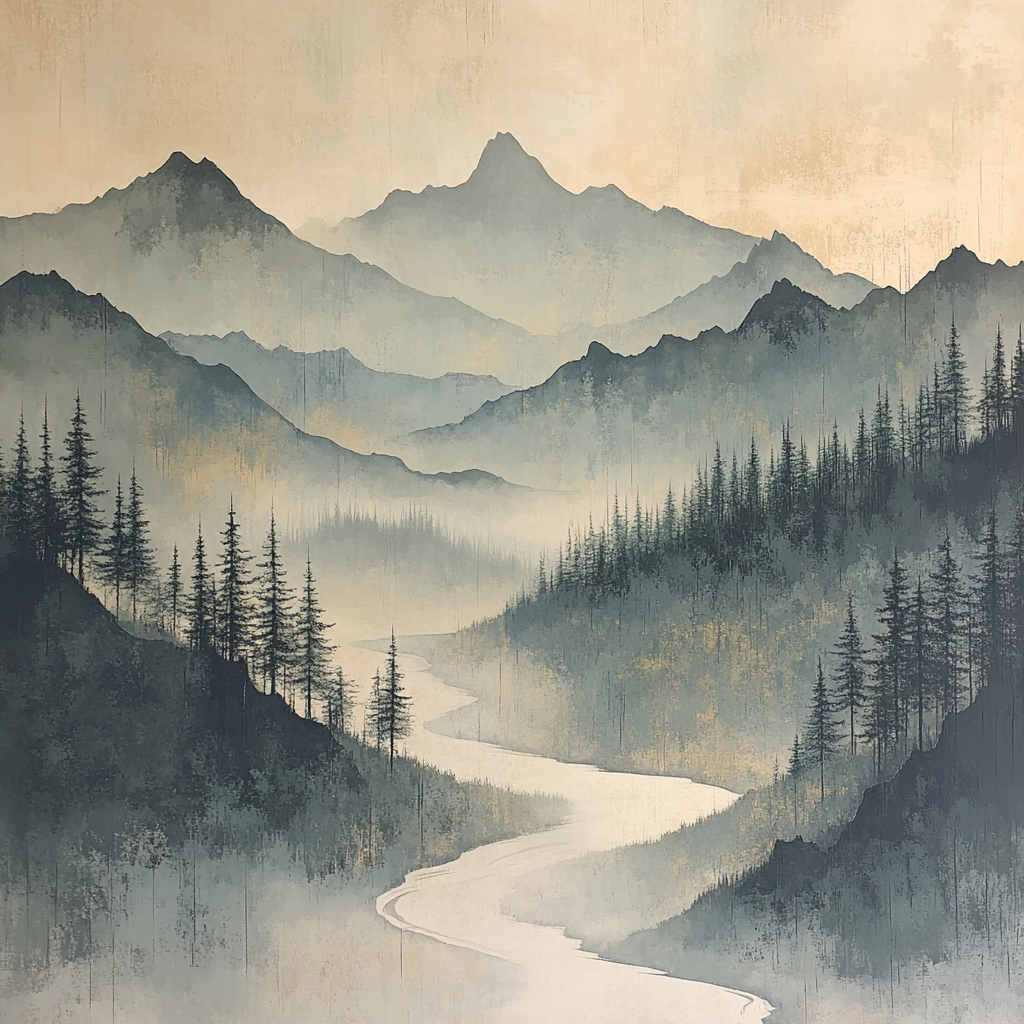 Zhao Mengfu Inspired Misty Mountain Melody paint by color