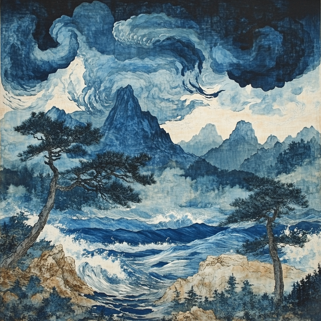 Hokusai Inspired Mountain Storm Landscape paint by number