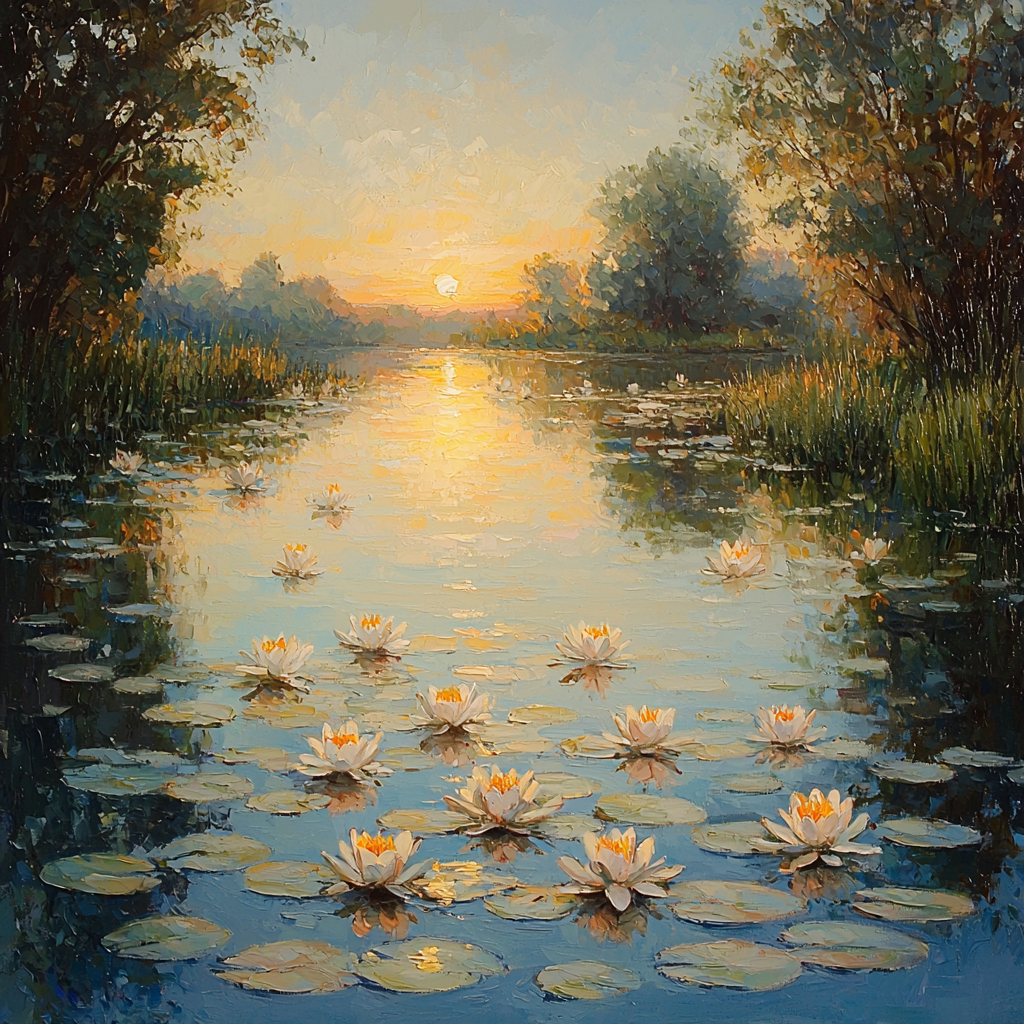 Claude Monet Inspired Sunrise Over Water Lilies Pond paint by color