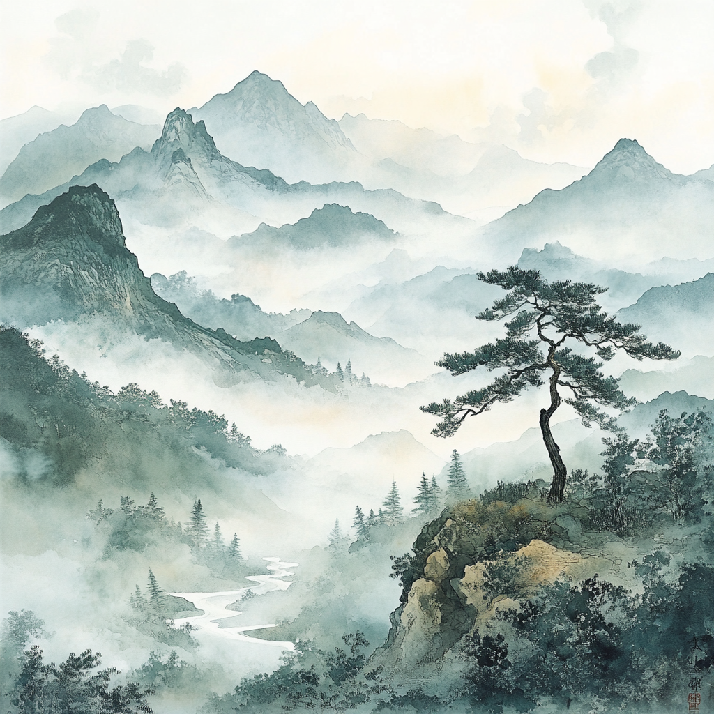 Zhao Mengfu Inspired Misty Mountain Verse paint by numbers