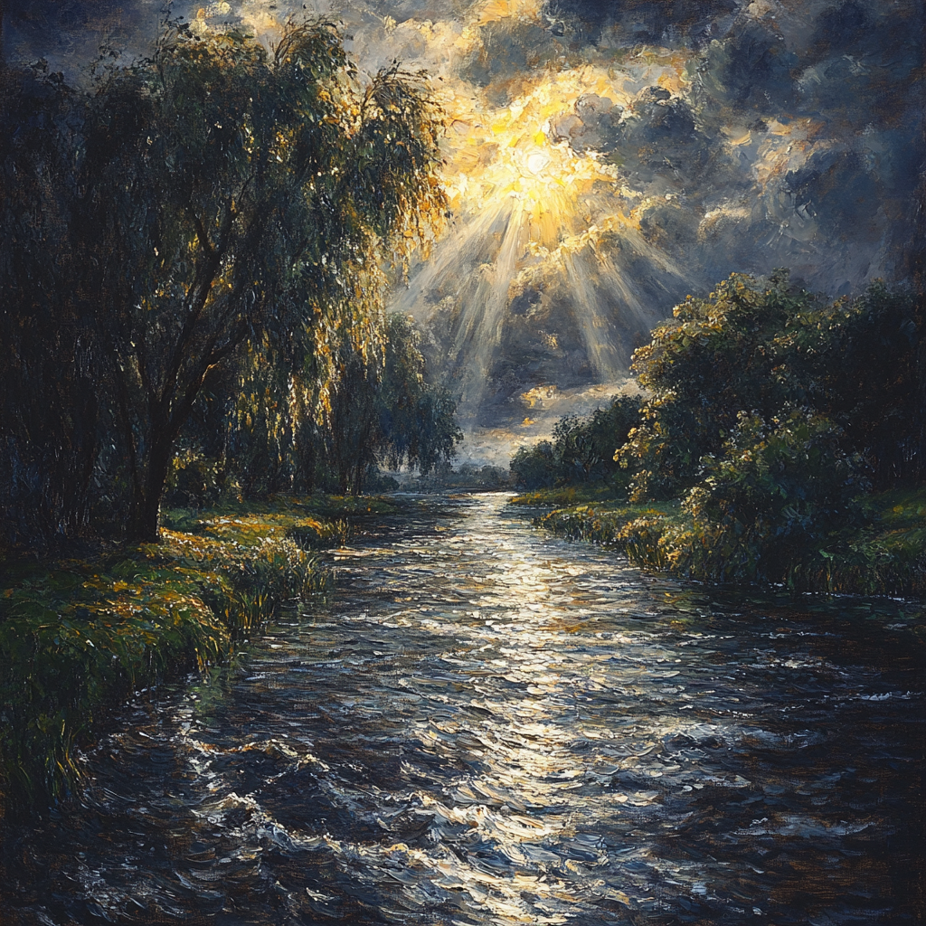Rembrandt Inspired Illuminated River Bend With Silvery Reflections paint by color