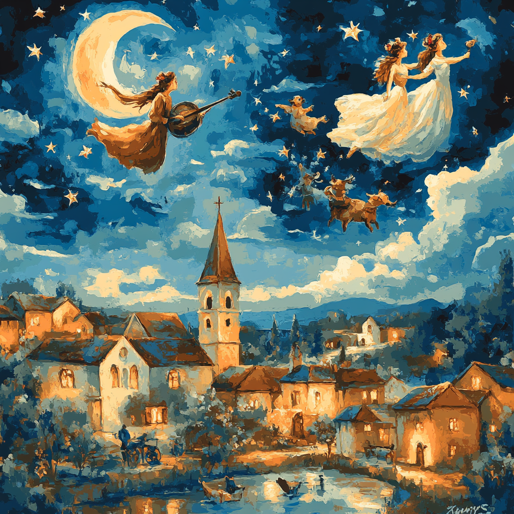 Marc Chagall Inspired Lovers Over Town Number painting