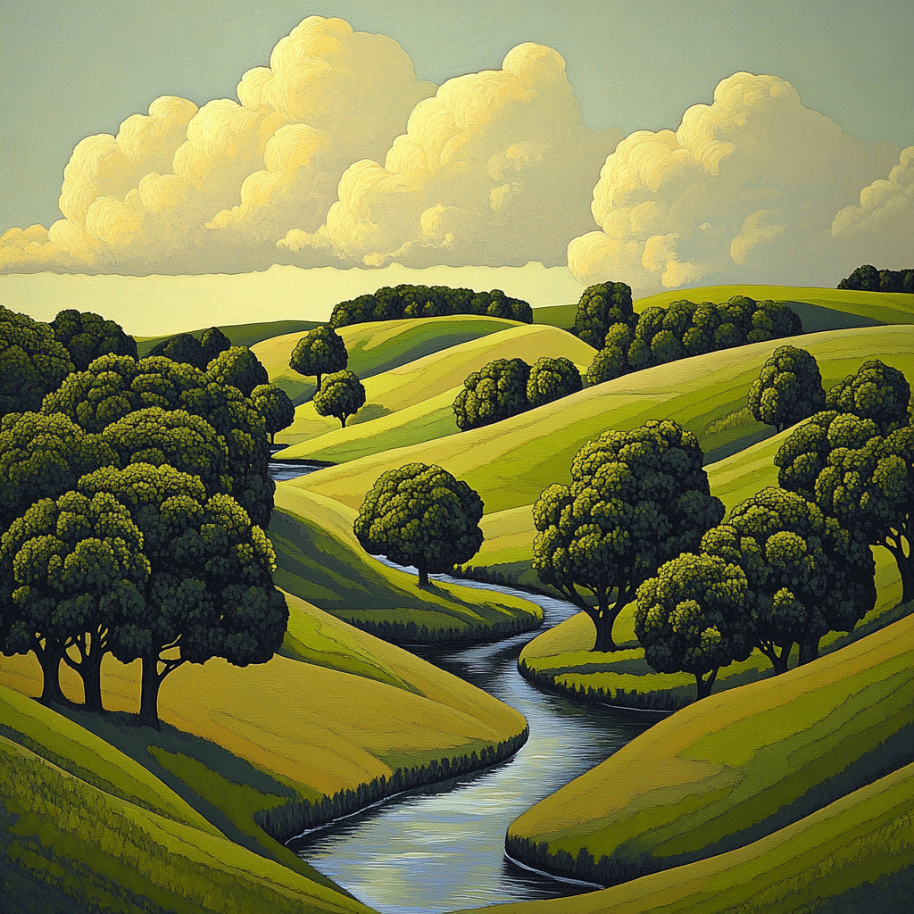 Raphael Inspired Serene Rolling Hills And Flowing River Paint by numbers kits