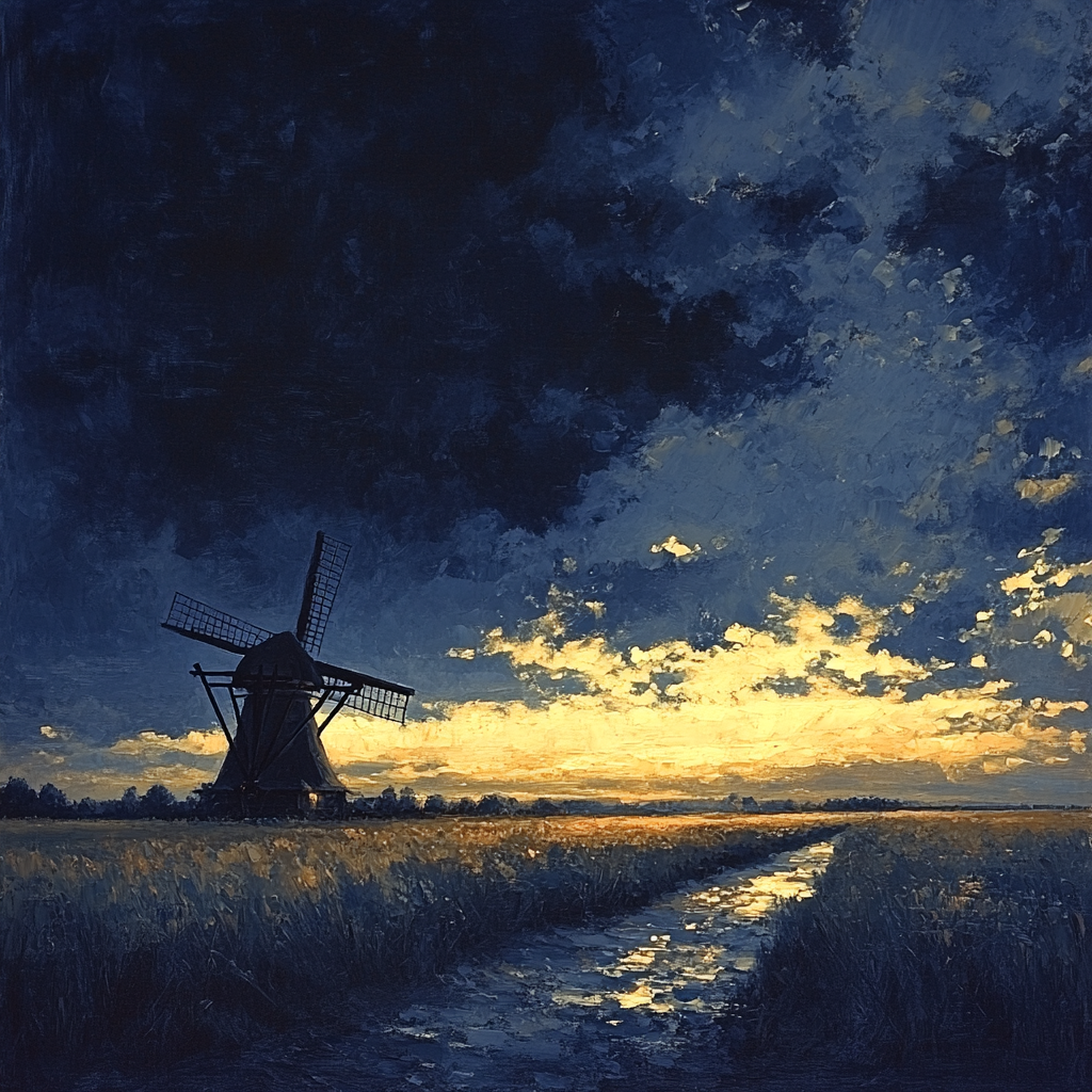 Rembrandt Inspired Windmill Silhouette At Luminous Horizon painting number kit