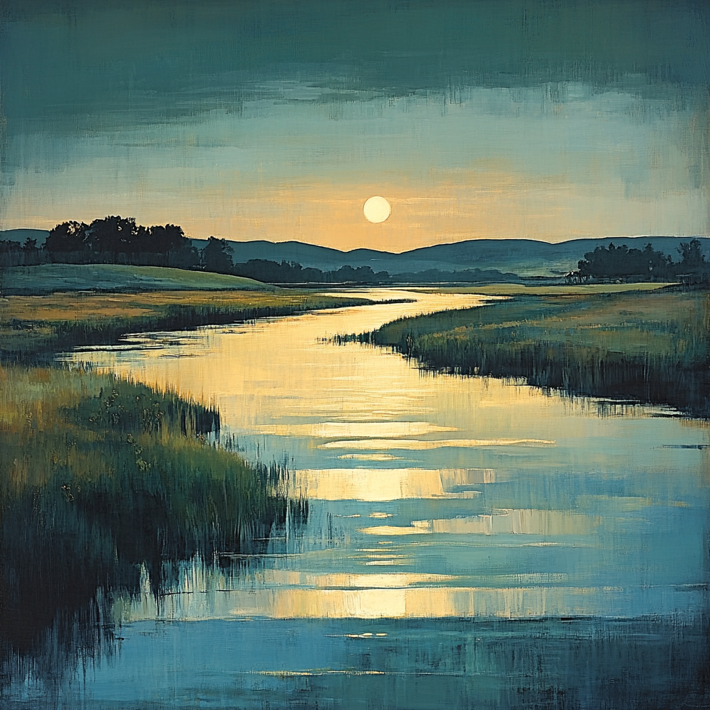 Hiroshige Inspired Evening River Lantern Glow paint by color