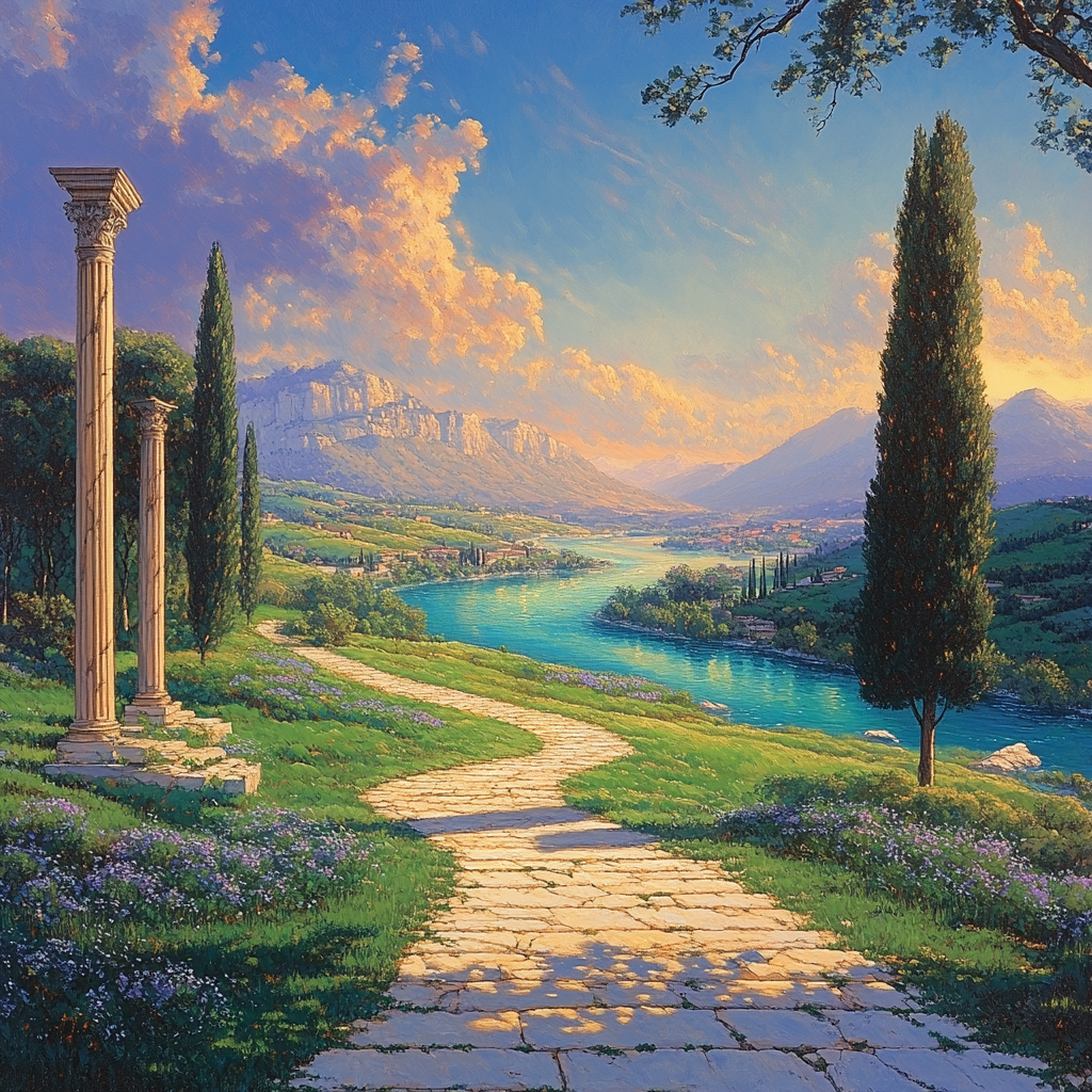 Raphael Inspired Symmetrical Horizon With Flowing River Paint by numbers art