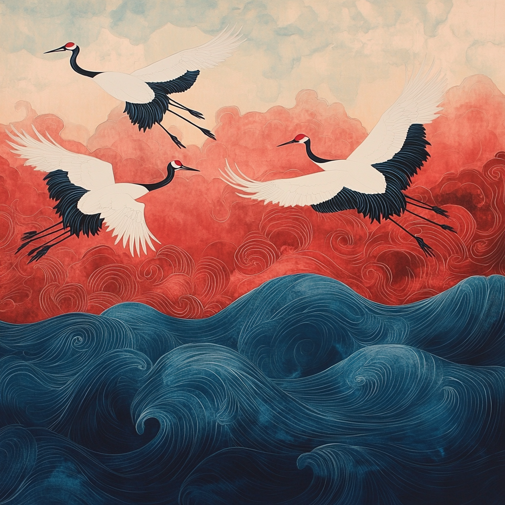 Hokusai Inspired Crane Flight Paint by numbers art