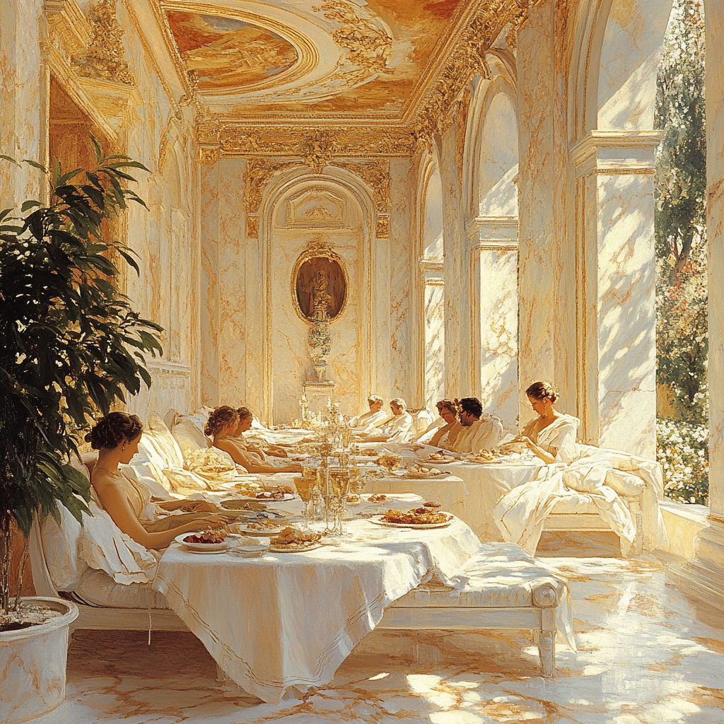 Lawrence Alma-Tadema Inspired Classical Garden Banquet paint by color