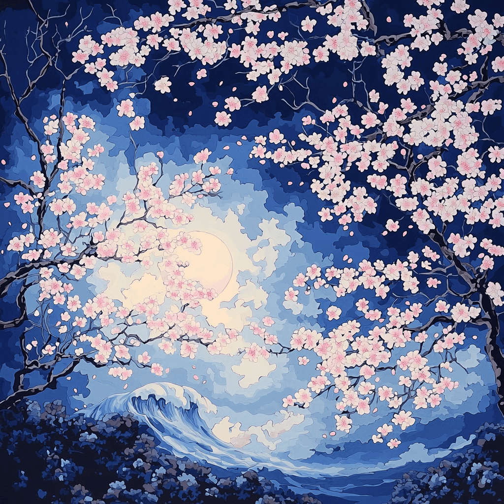 Hokusai Inspired Mystical Cherry Blossoms Night Paint By Color