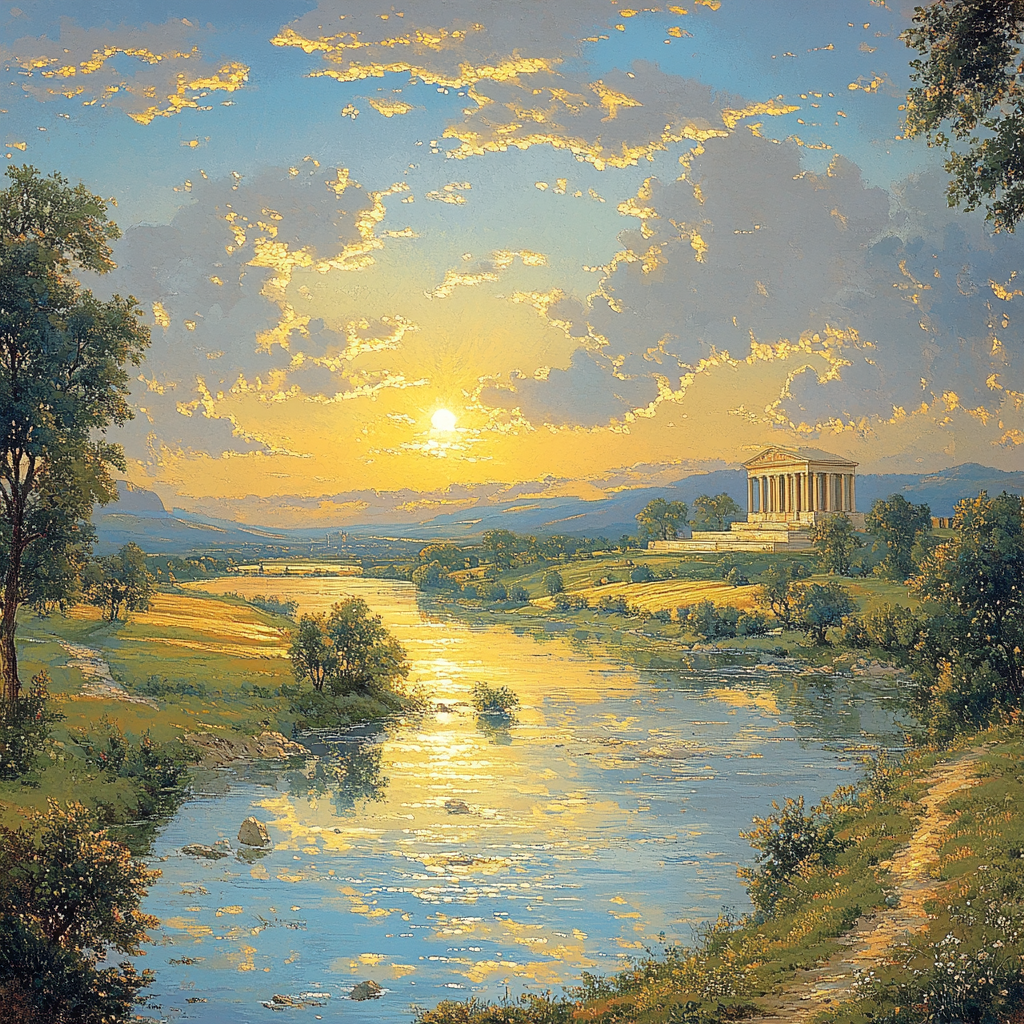 Raphael Inspired Idealized Horizon With Distant Temple And Flowing River Paint by numbers art