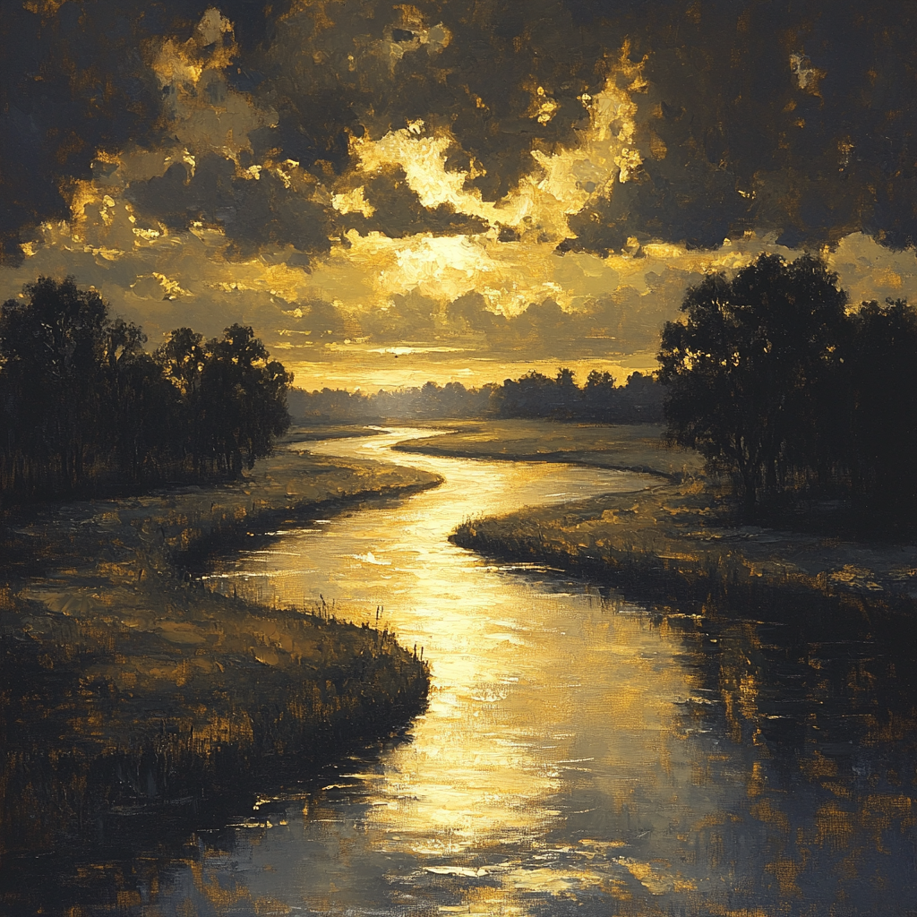 Rembrandt Inspired Sunlit River Bend With Shadowed Trees paint by number