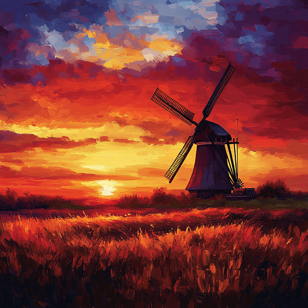 Rembrandt Inspired Windmill Silhouetted Against Fiery Sunset paint by number