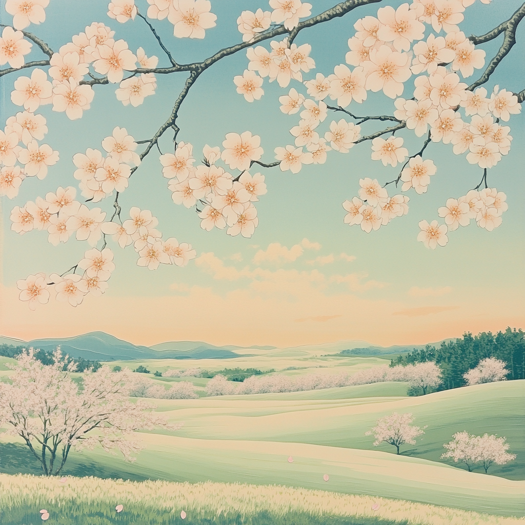 Hiroshige Inspired Springtime Cherry Blossom Flow paint by numbers