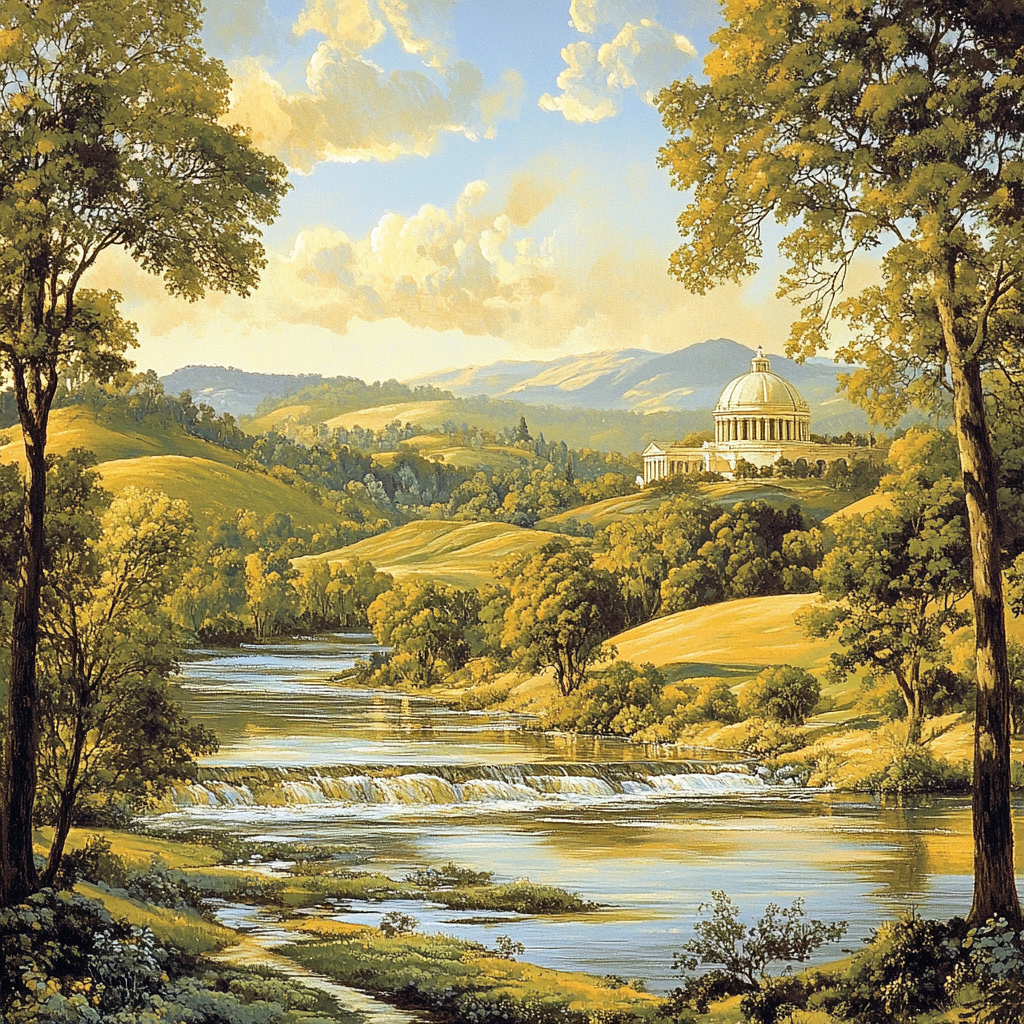 Raphael Inspired Symmetrical Countryside With Flowing River And Dome Number painting