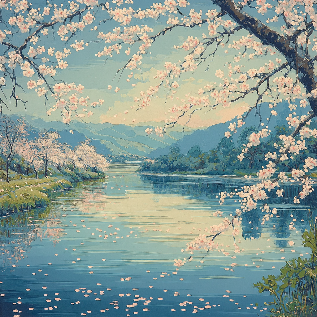 Hiroshige Inspired Moonlit Cherry River Numbered painting kits