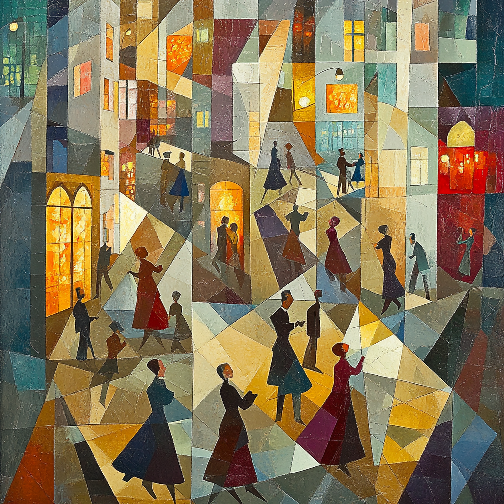 Picasso Inspired Cubist Urban Nightlife Number painting