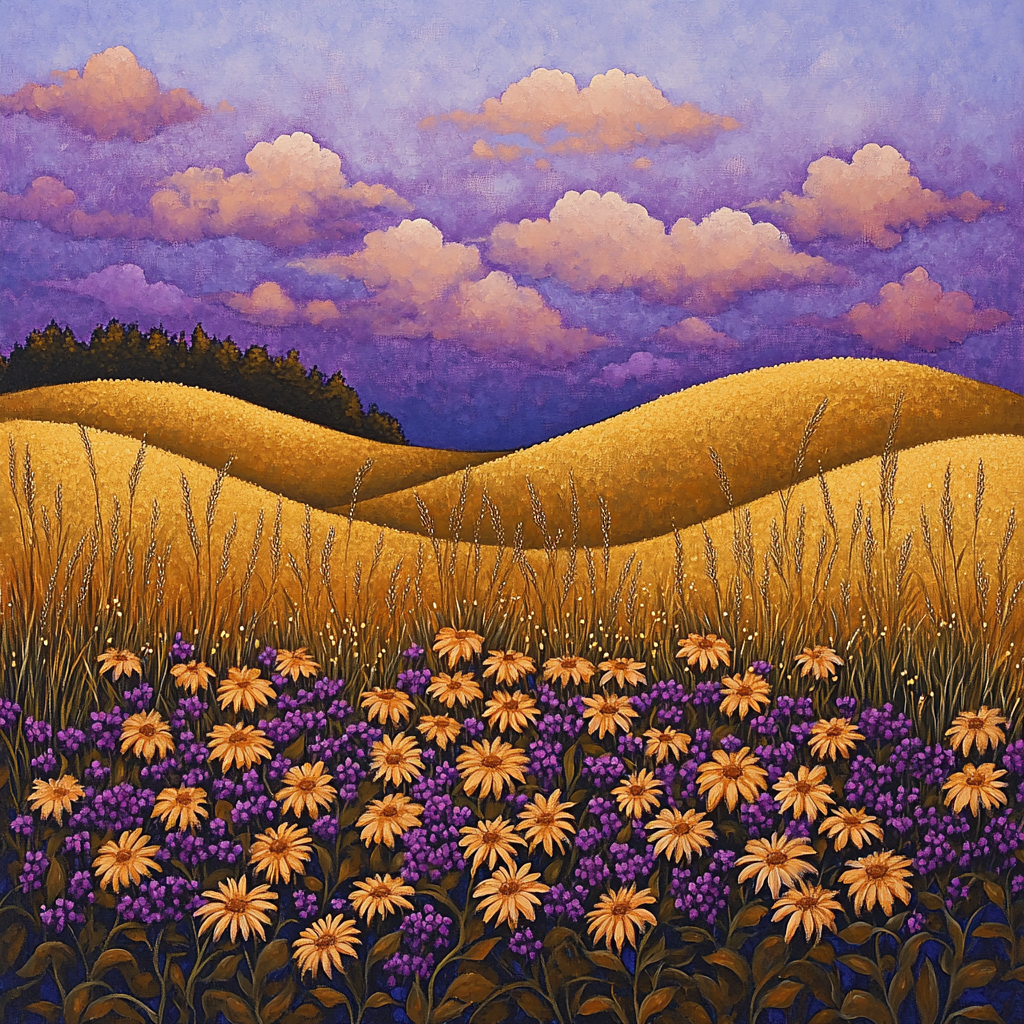 J. E. H. MacDonald Inspired Meadow With Wildflowers And Decorative Sky paint by color