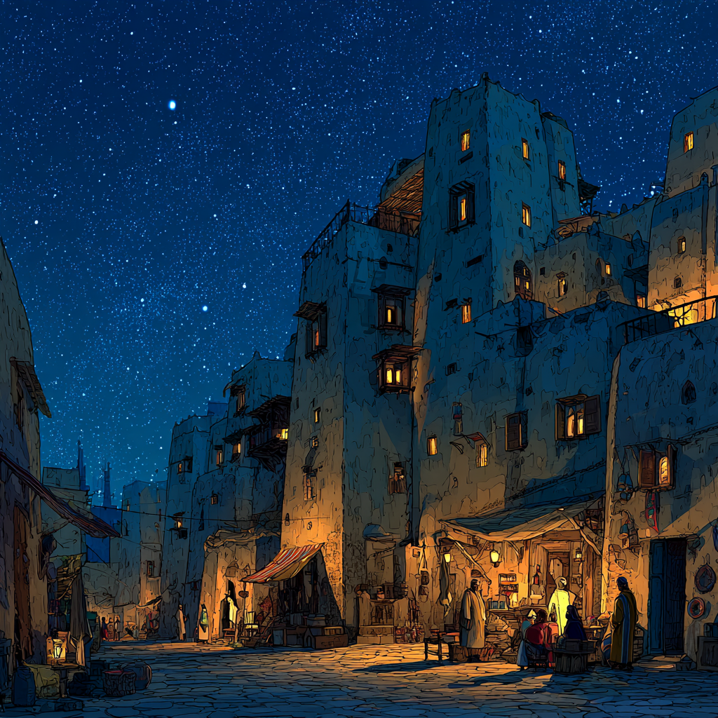 Nighttime Illuminated Djenne Marketplace Bamako Mali painting number kit