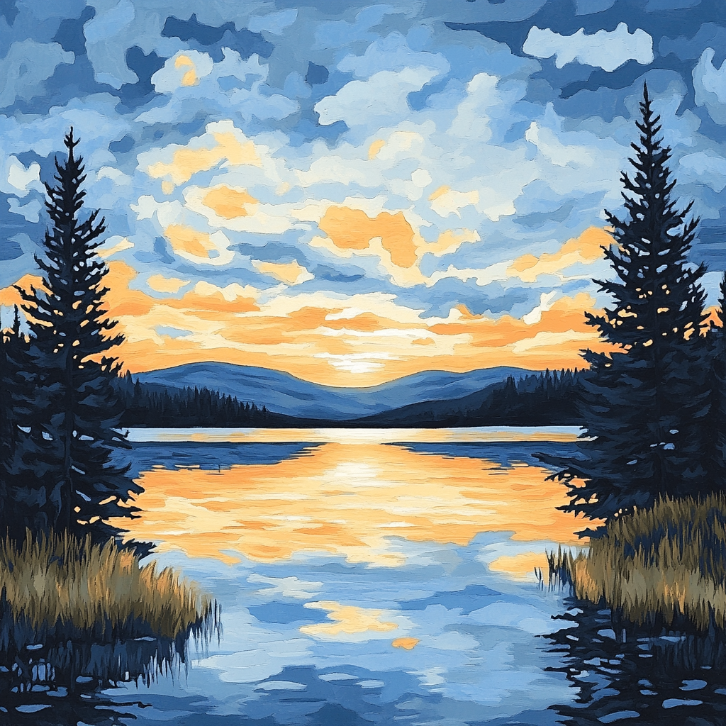 J. E. H. MacDonald Inspired Sunset Over Tranquil Lake Paint by numbers art