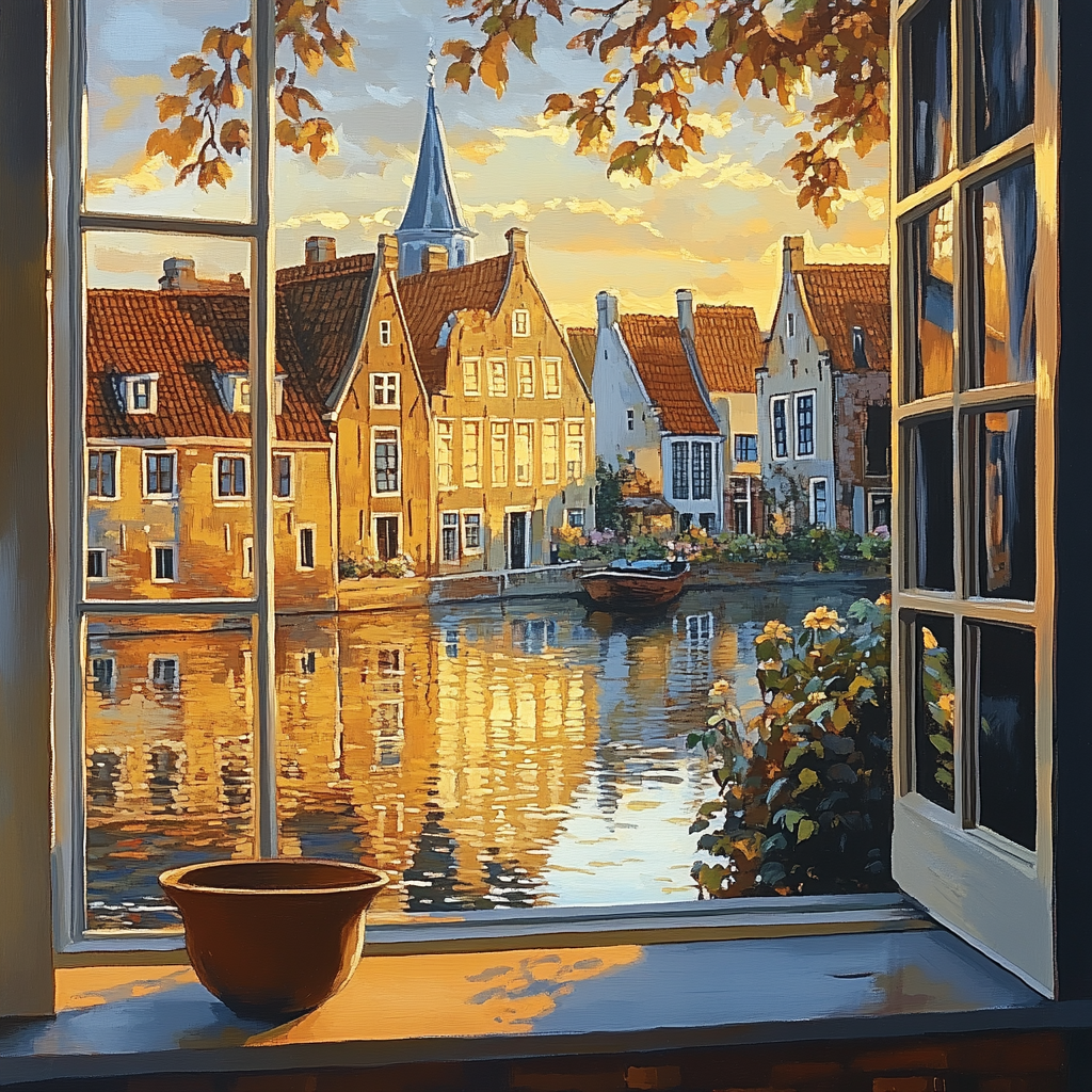 Johannes Vermeer Inspired Rooftops In Golden Canal Light paint by number