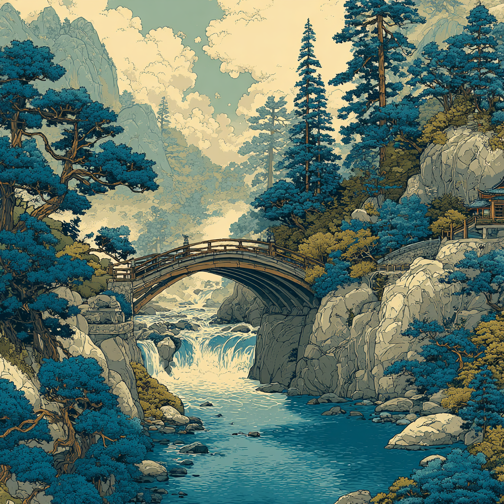 Hokusai Inspired Misty Mountain Bridge Paint by numbers art