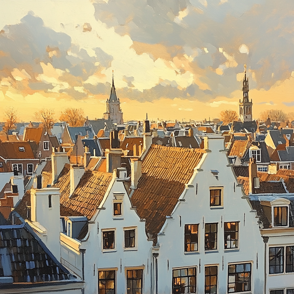 Johannes Vermeer Inspired Delft Rooftops At Golden Hour paint by color
