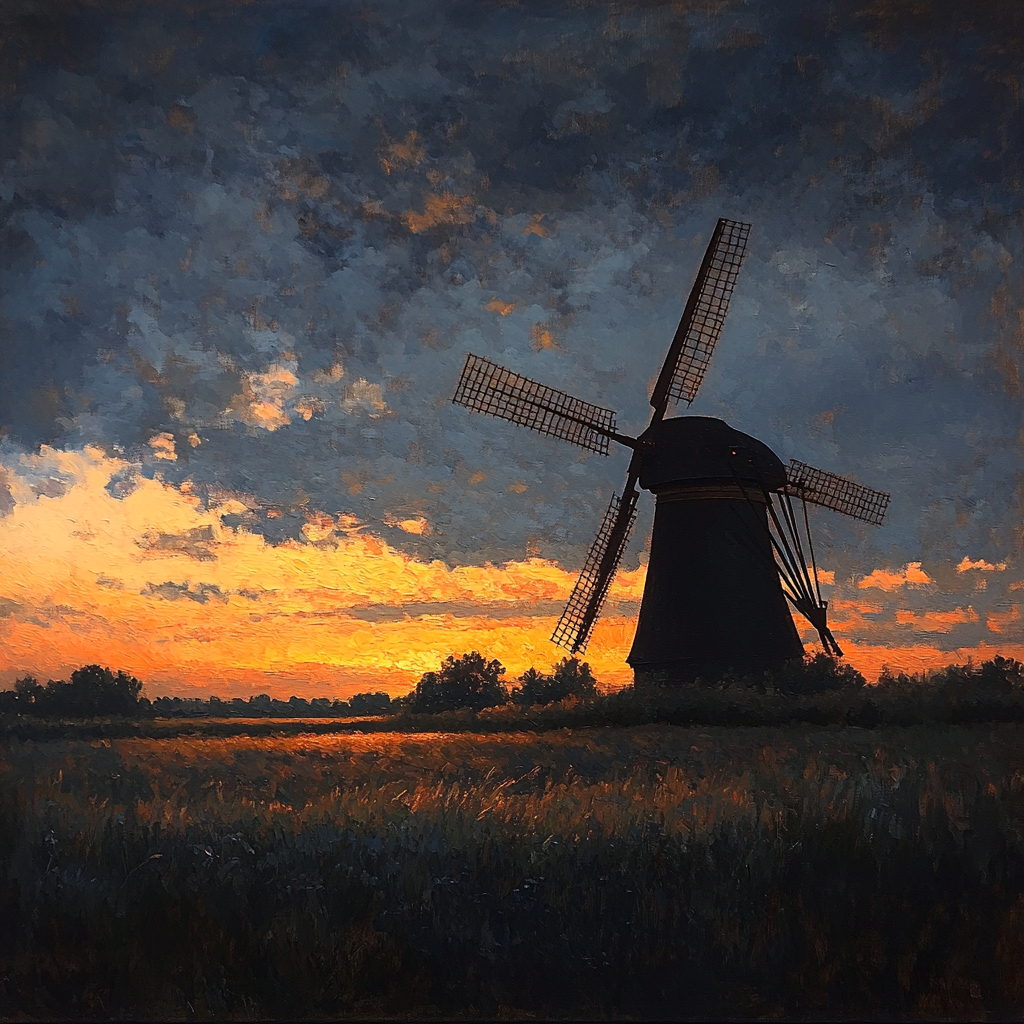 Rembrandt Inspired Silhouetted Windmill At Dusk Number painting