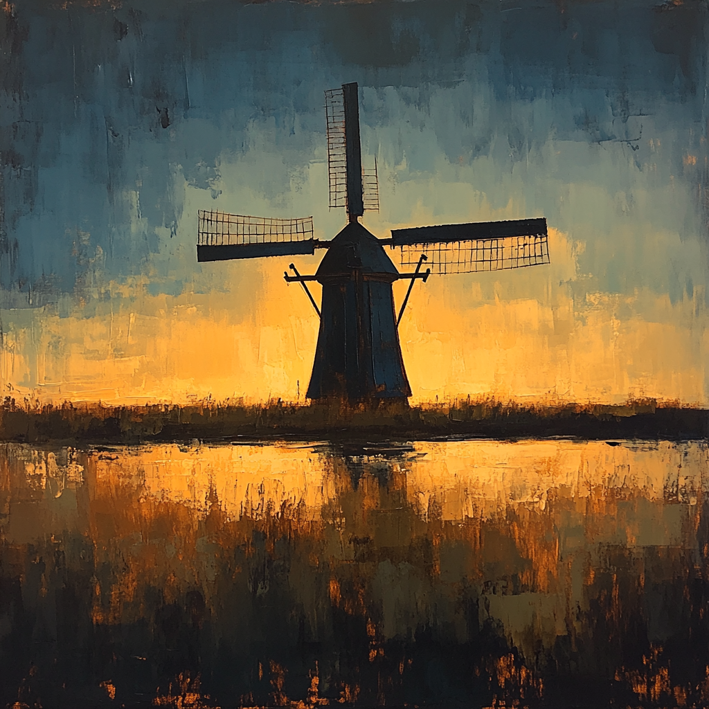 Rembrandt Inspired Windmill Silhouetted Against Glowing Horizon Numbered painting kits