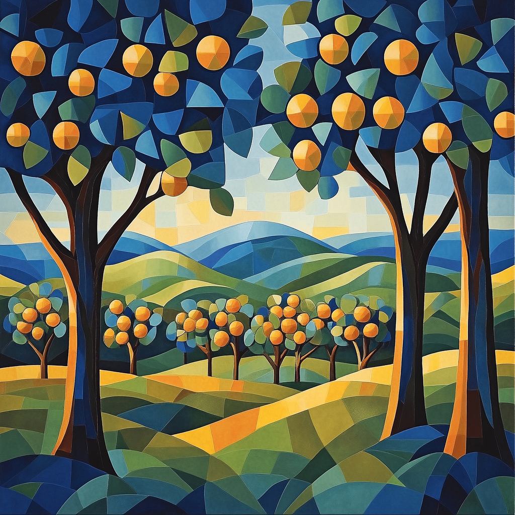 Pablo Picasso Inspired Cubist Orchard In Ochre And Azure Number painting