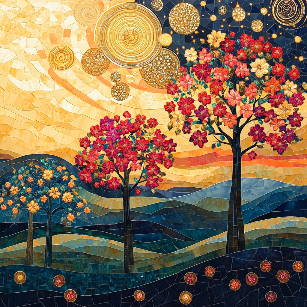 Gustav Klimt Inspired Ornate Sunset Over Blossoming Hills Number painting