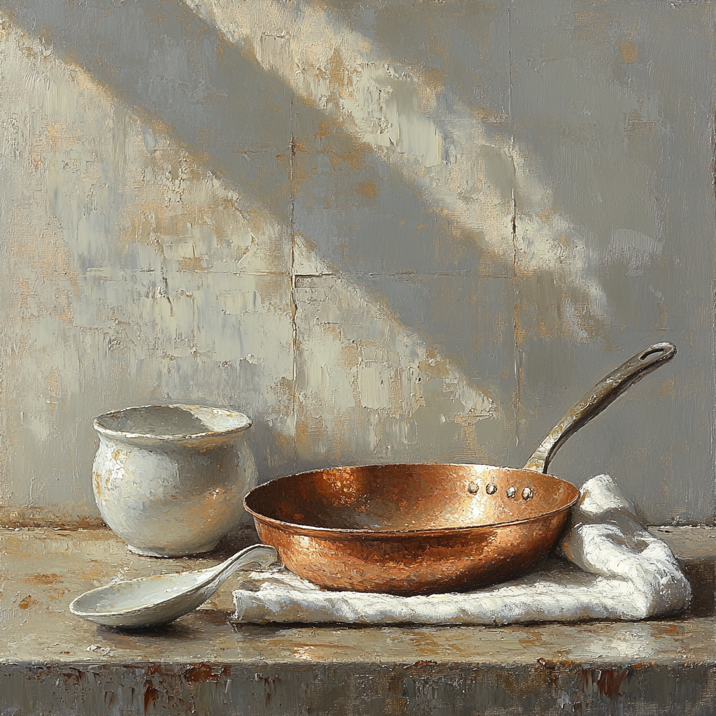 Diego Velázquez Inspired Copper Pan And Ceramic Ladle Still Life paint by numbers