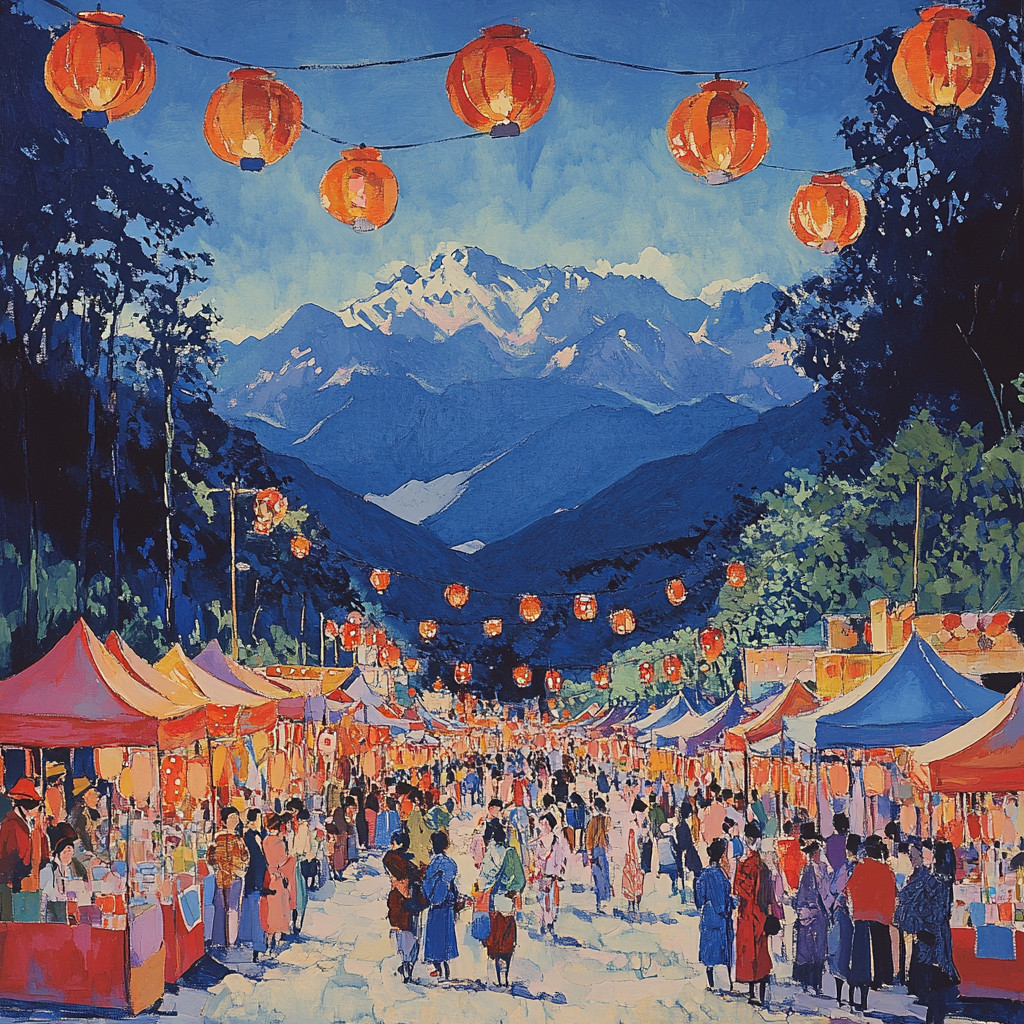 Hokusai Inspired Mountain Festival Street Scene DIY paint by numbers