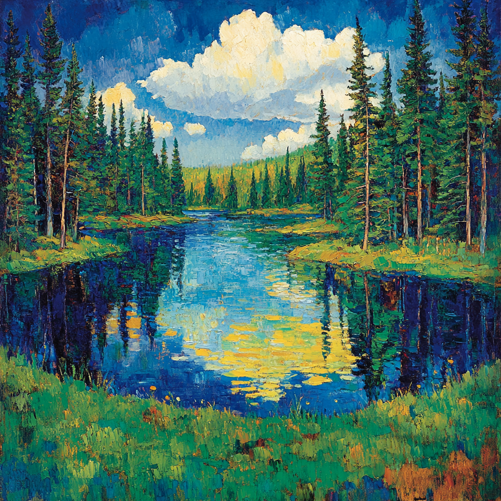 J E H MacDonald Inspired Shimmering Lake Framed By Pines DIY paint by numbers