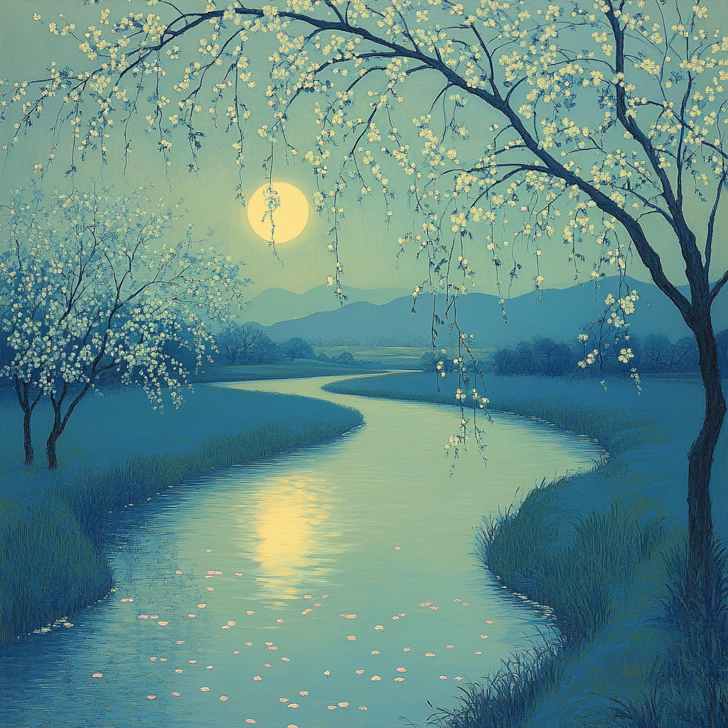 Hiroshige Inspired Moonlit River Blossom Paint by numbers art