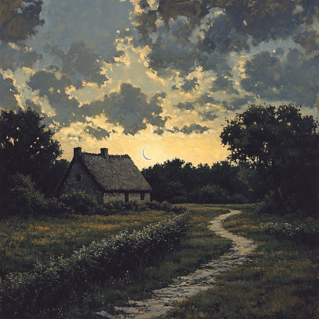 Rembrandt Inspired Twilight Cottage In Shadowy Fields Numbered painting kits