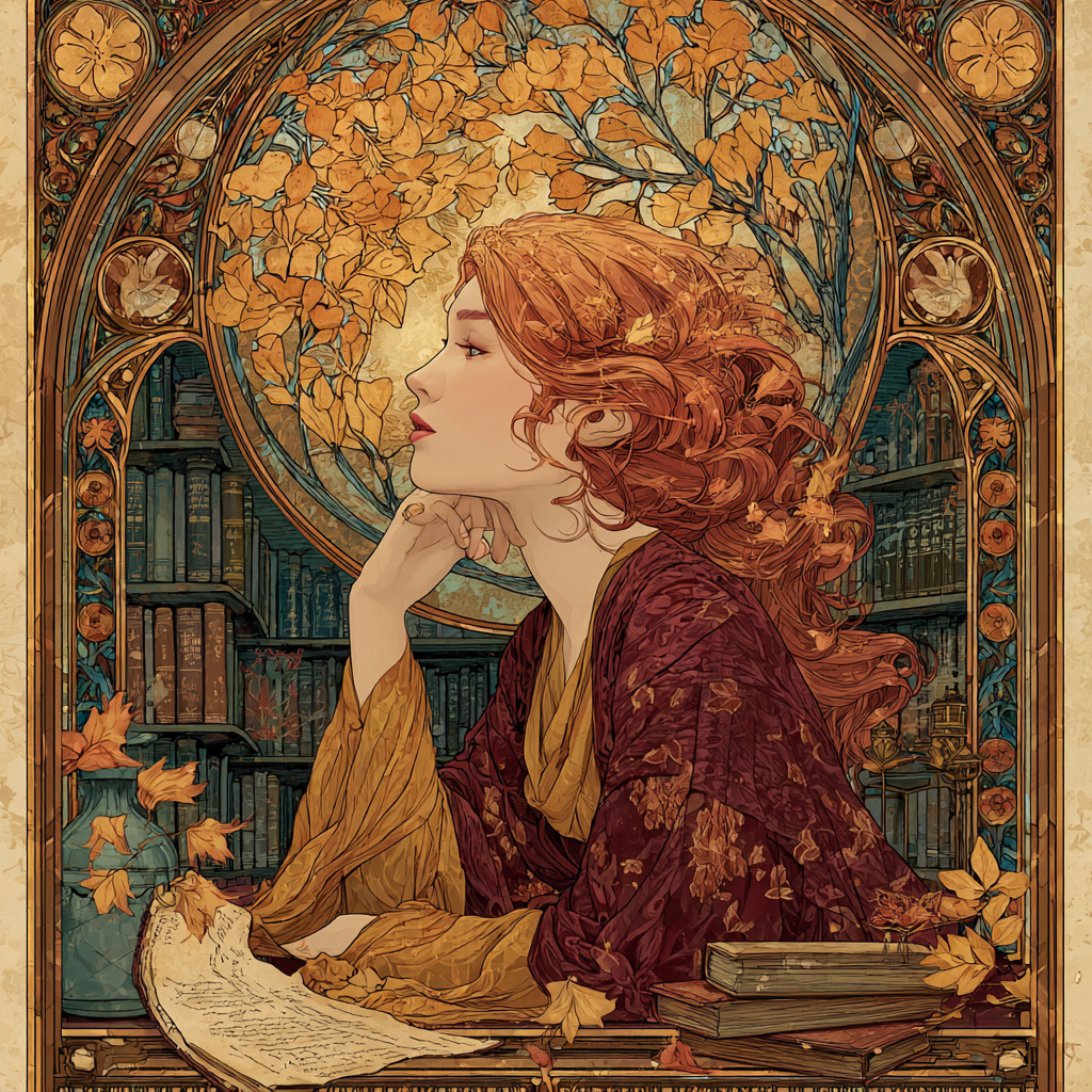 Alphonse Mucha Inspired Autumn Library Oracle paint by color [AI-7857d7f9-ed76b2ef73a8]