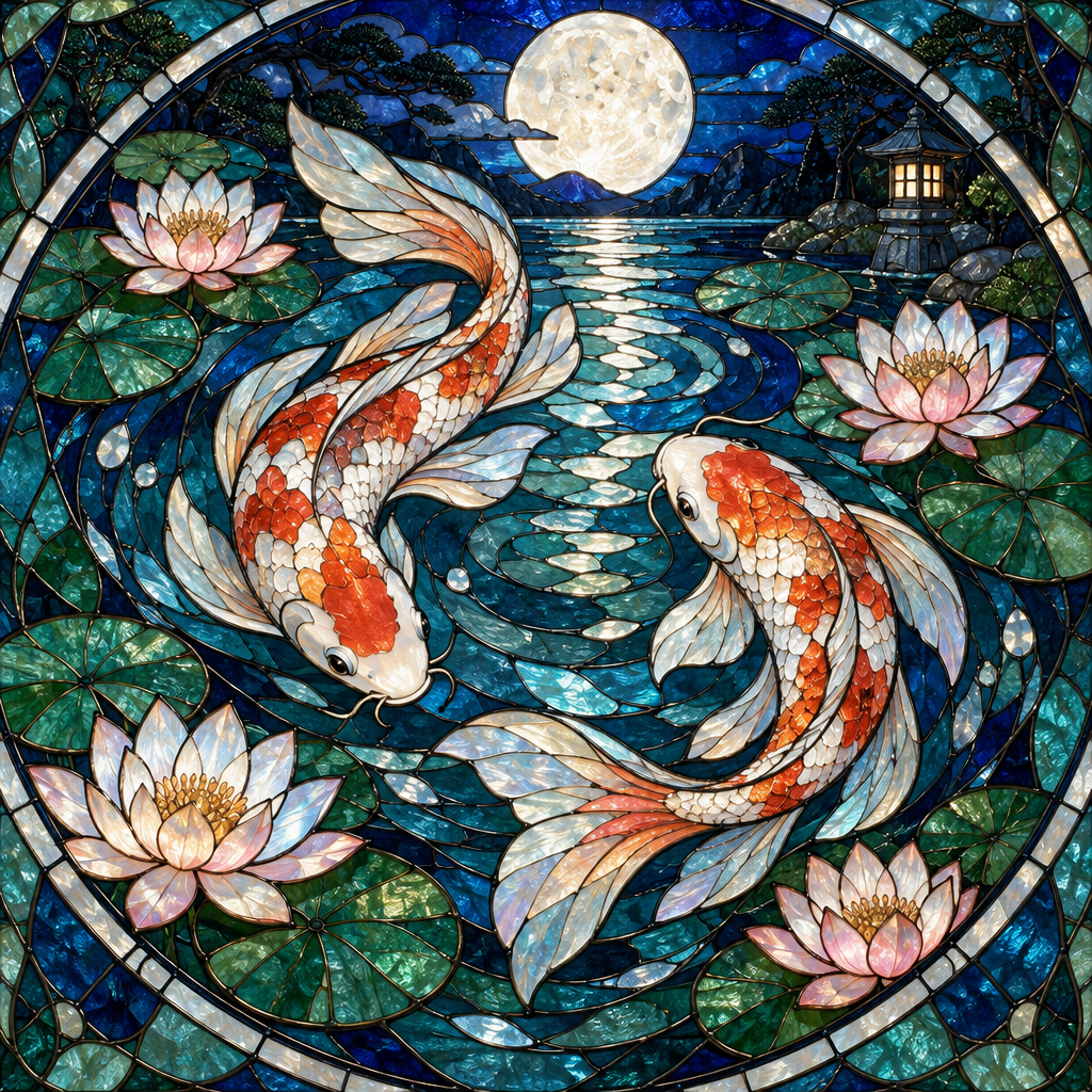 Stained Glass Koi Moon Pond Numbered painting kits [AI-e86e4b1d-aa9073faa68b]