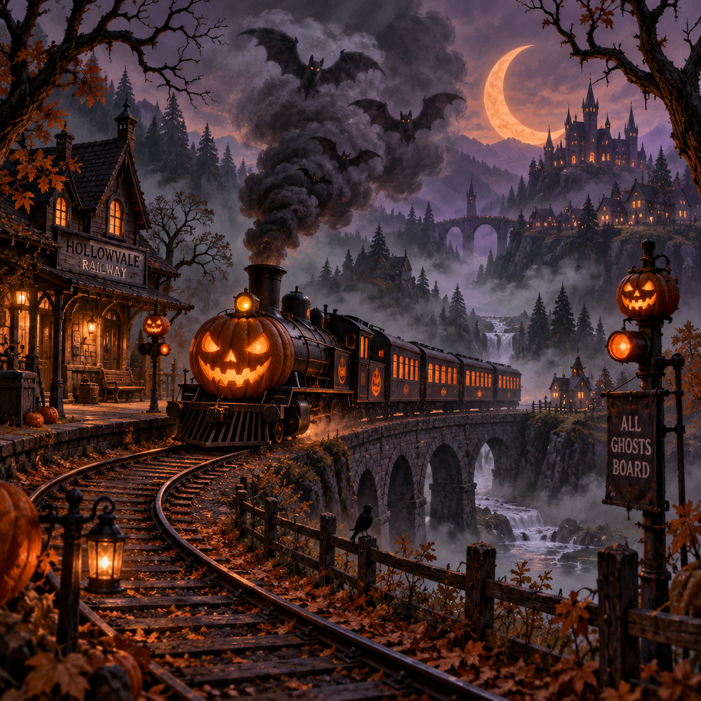 Halloween Pumpkin Train Through Fog Hollow Paint by numbers art [AI-06a943c6-f309a9134d7a]