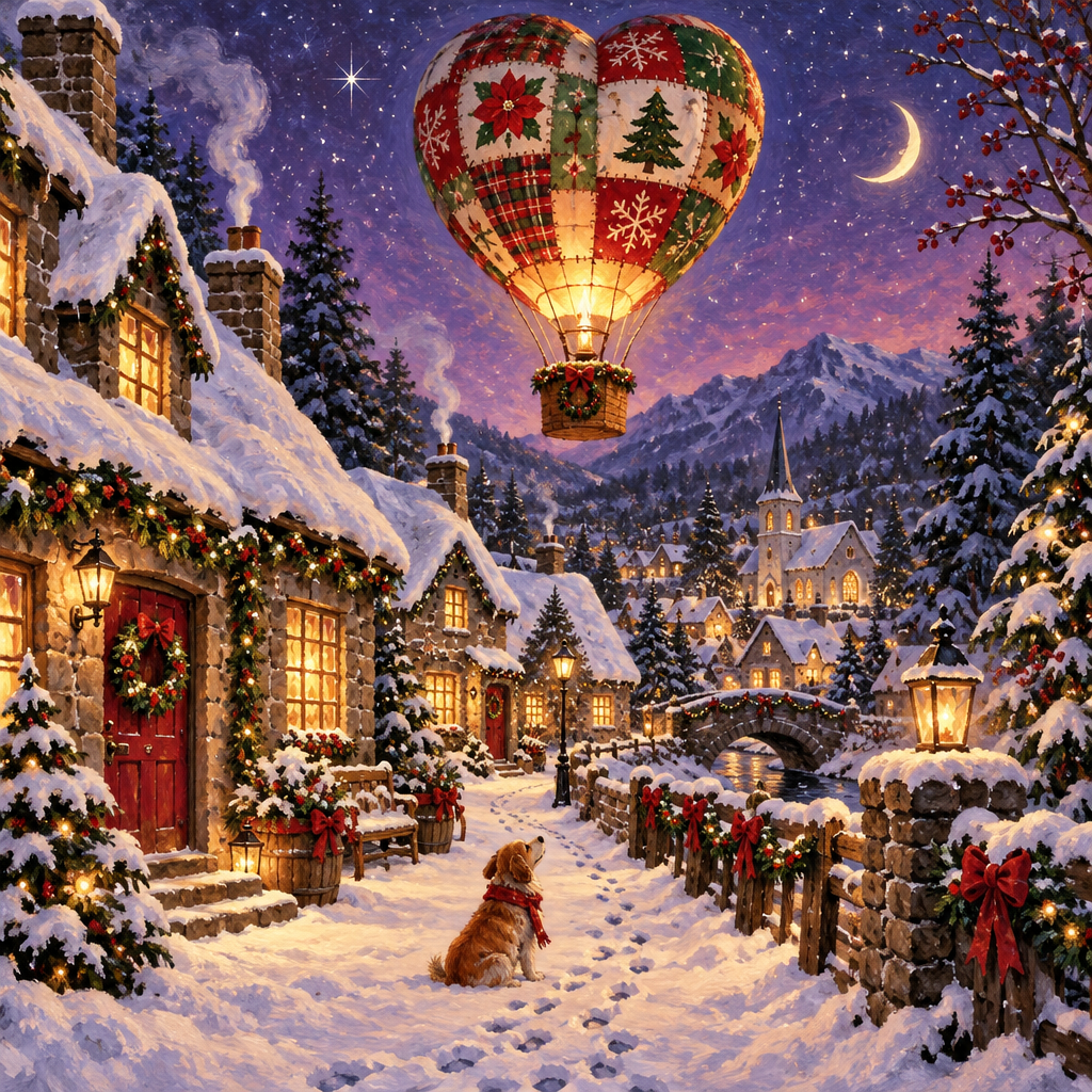 Yule Hearth Balloon Over Snowy Chimney Lane Painting by numbers kit [AI-ba1b75d7-5bc3b11c8e76]