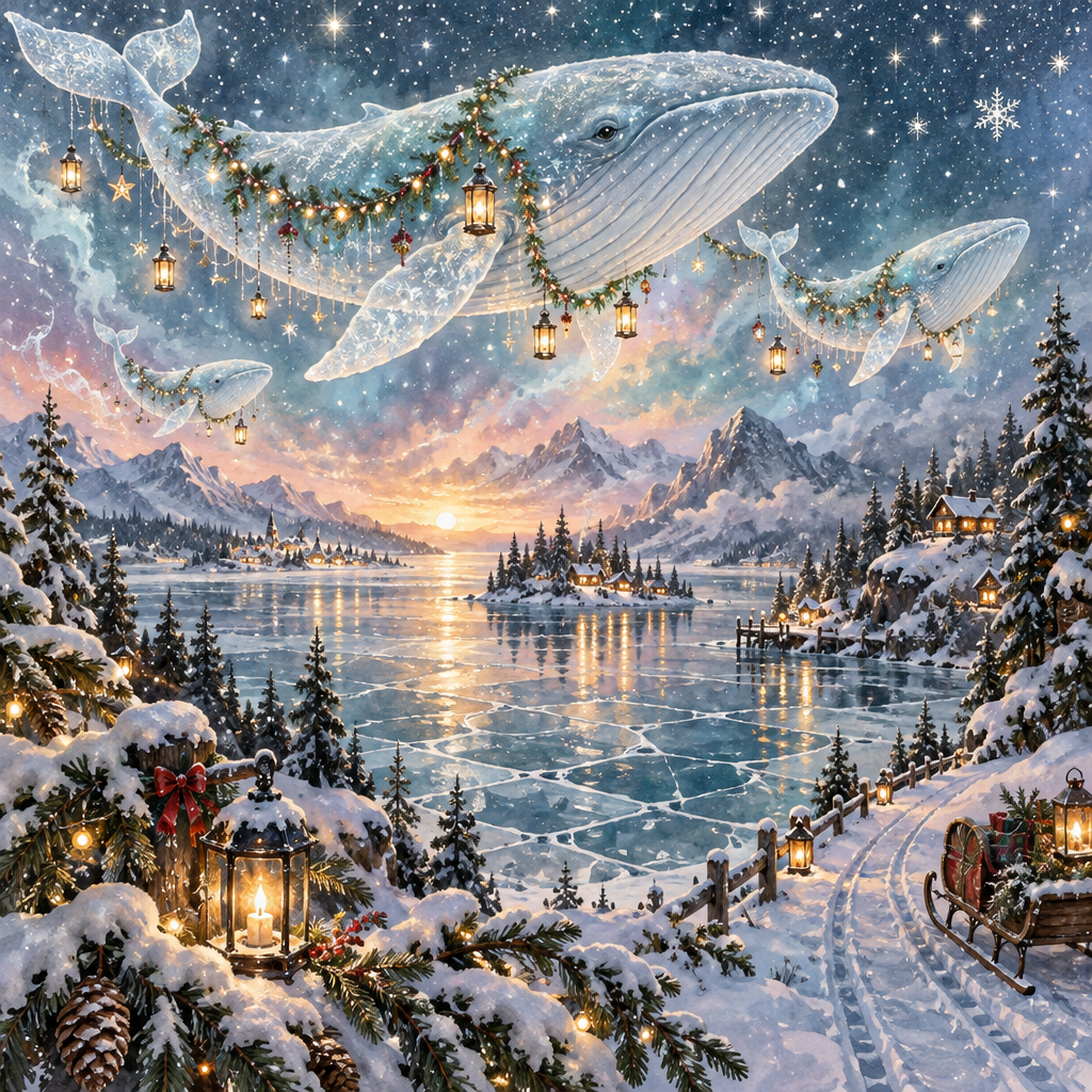 Snow Lantern Whales Above The Evergreen Bay DIY paint by numbers [AI-c7e60572-3c377744cde0]