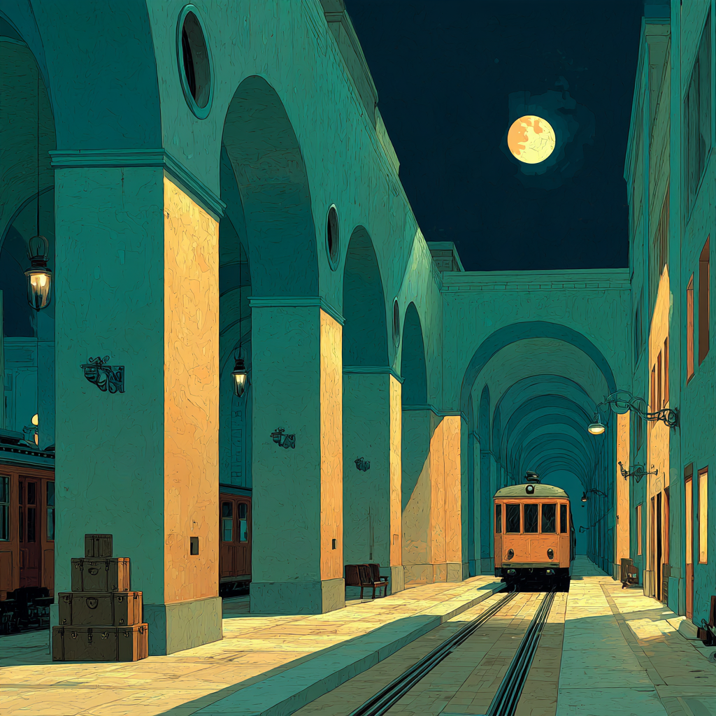 Giorgio De Chirico Inspired Midnight Train Arcade paint by numbers [AI-111abd10-49dfa5fbd6d5]