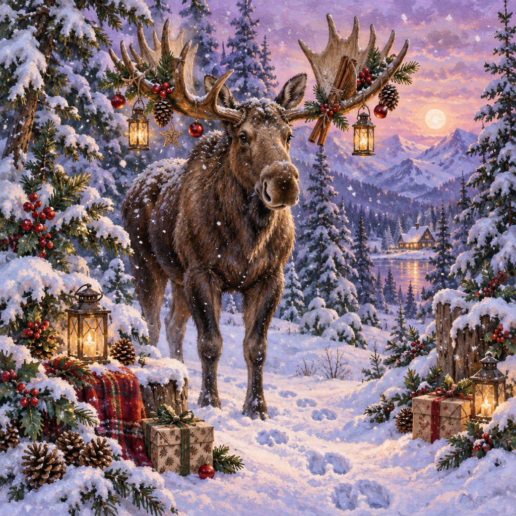 Sugarplum Moose Beneath Lantern Pines paint by number [AI-3bab777d-2061ac23fb04]