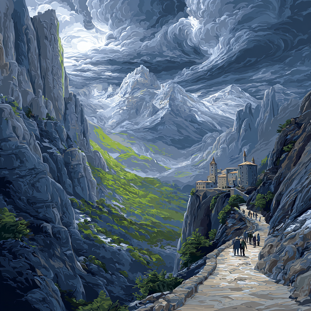 El Greco Inspired Mountain Pilgrimage Under Storm Clouds paint by number [AI-b1206dd4-a4a884cc6d27]