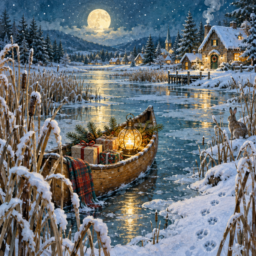 Tinsel Moon Canoe Through Snowy Reeds Painting by numbers kit [AI-6e98750e-b40f4bf7309a]